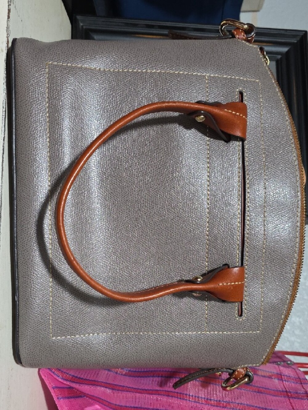 Dooney & Bourke Taupe Pebble Leather Satchel with Brown Handles - Picture 4 of 5